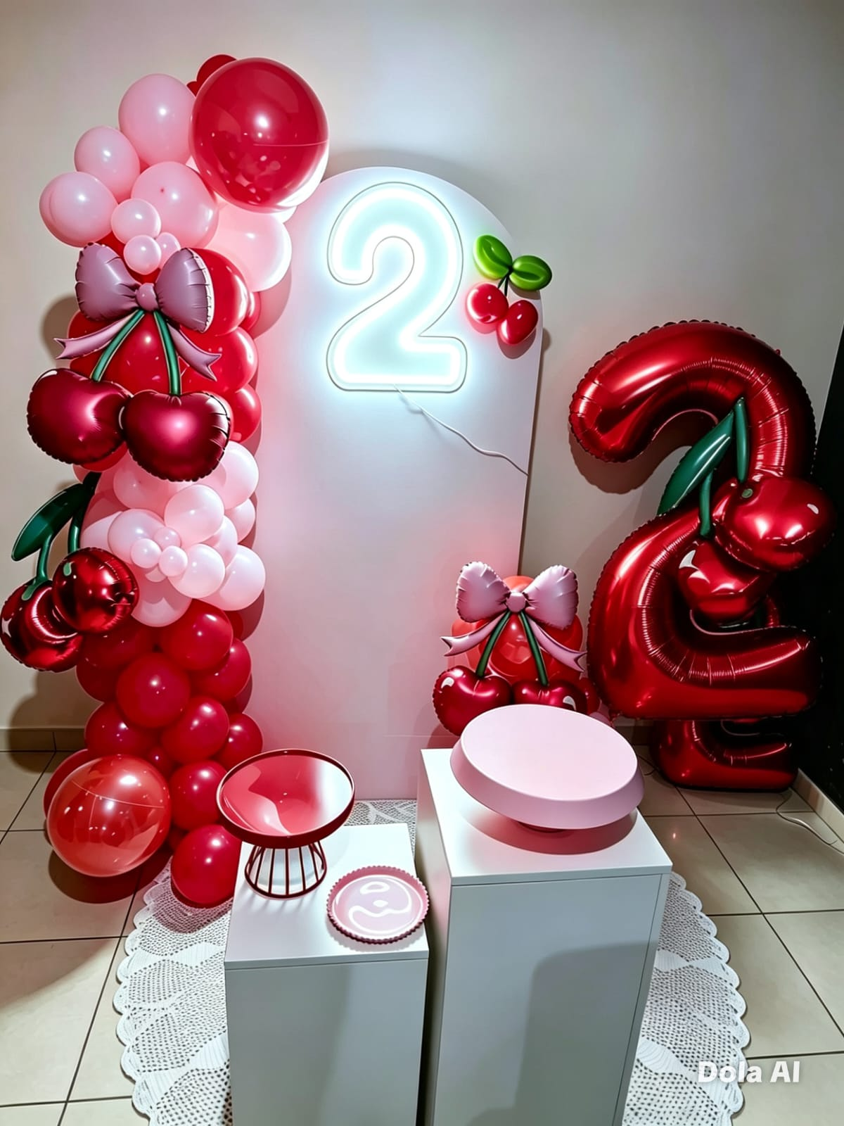 Decoração infantil feminina de cerejinhas com balões rosa e vermelhos